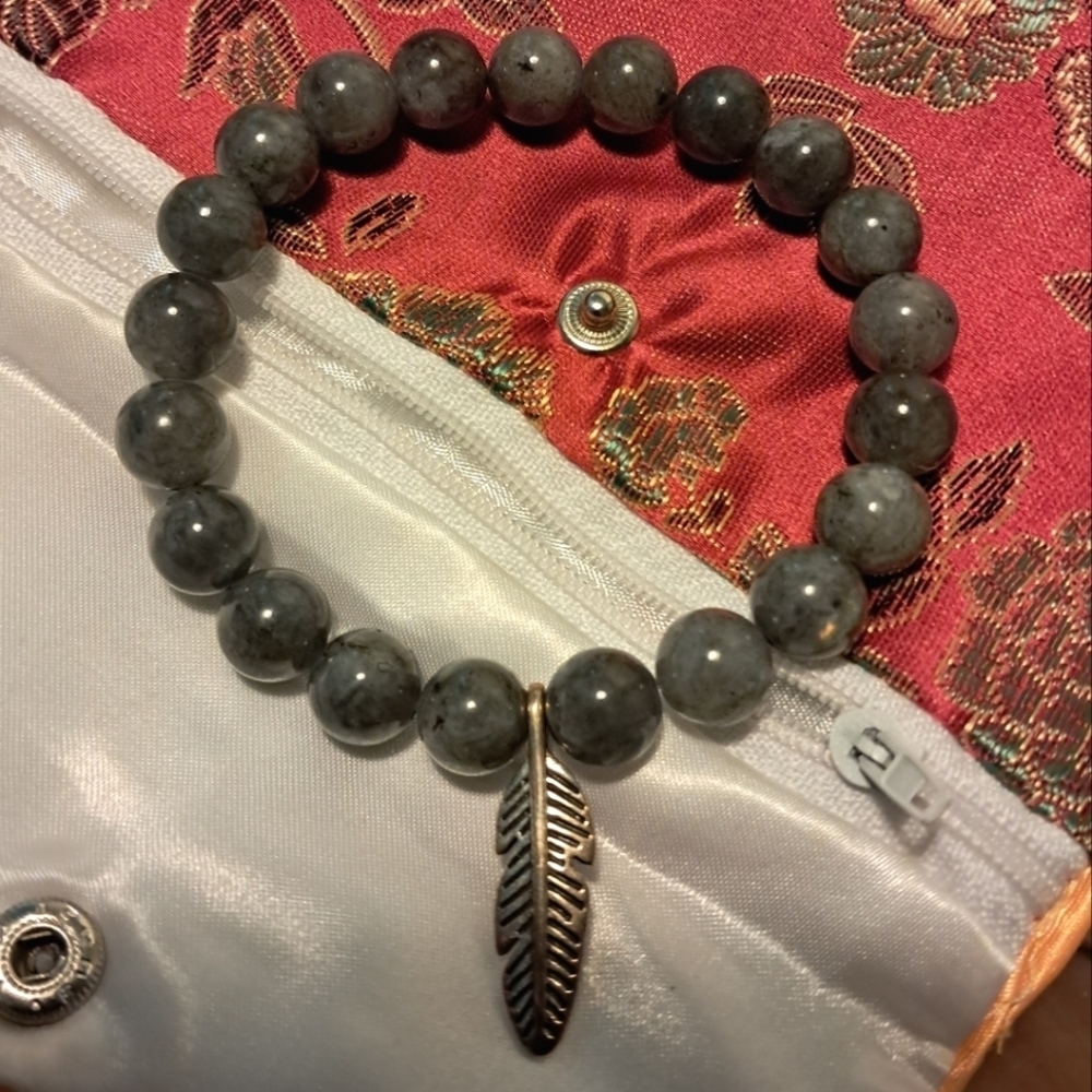 Labradorite Beaded Bracelet W/ 925 Sterling Silver Feather Charm
